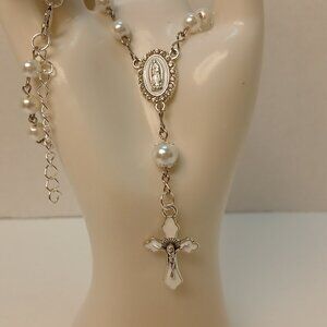 White Pearl and Enamel - Rosary for Rearview Mirror - Mini Rosary
